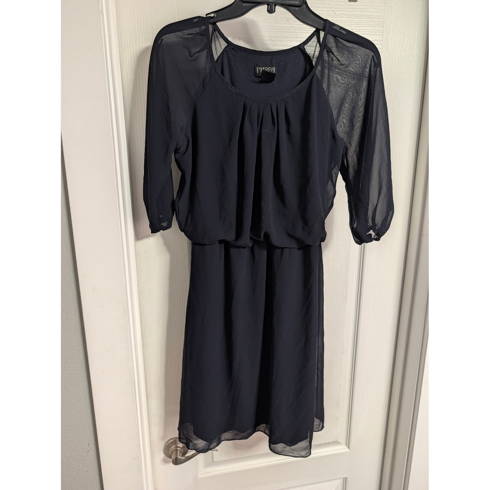 Enfocus Studio Navy Blue Blouson Cocktail Dress Sheer 3/4 Sleeve Size 4